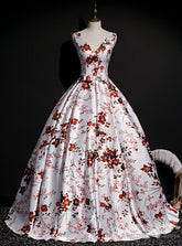 Shop For Cute White Ball Gown Satin V-neck Print Quinceanera Dress With Bow